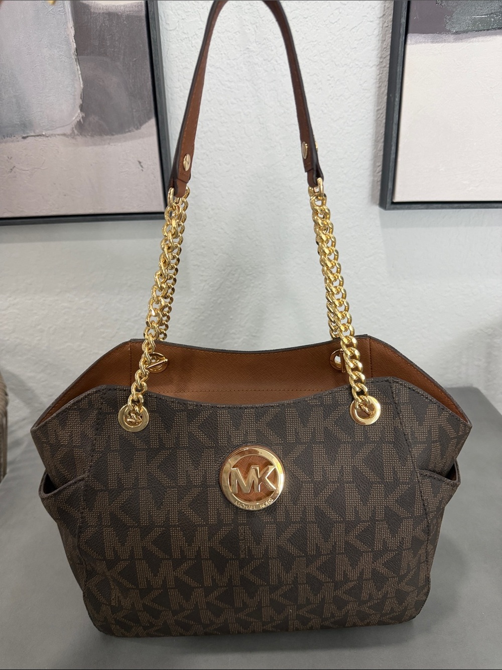 Michael Kors Brown Signature MK Shoulder Tote with Gold Hardware